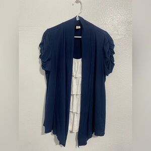 Perseption Navy Blue Open-Front Blouse with White Layered Tank